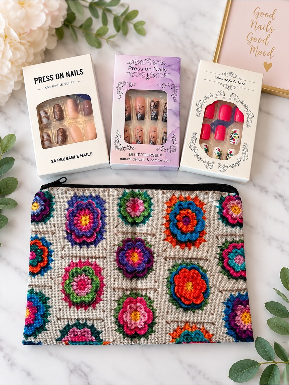 Press On Nails Trio with Multi-Color Crochet Makeup Pouch